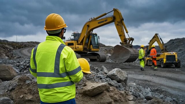 Yellow hard hat on rocky ground at a construction site with machinery and workers in action