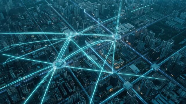 Futuristic city skyline at night with glowing network connections and urban architecture