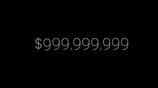 Animated text display of large dollar amounts on black background, showing numbers in white font, seamless loop, motion graphics, kinetic typography