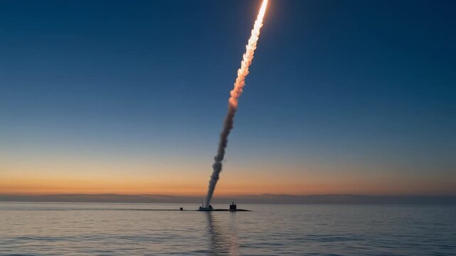 Stunning missile launch from submarine at sunset over calm ocean waters