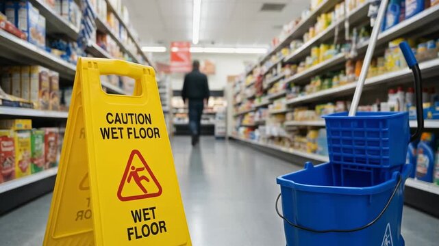 Safety Warning in Supermarket Aisle with Wet Floor Sign and Cleaning Supplies