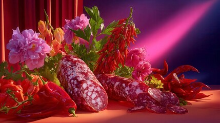 Gourmet Salami Still Life: Pepper, Flowers, Fine Food
