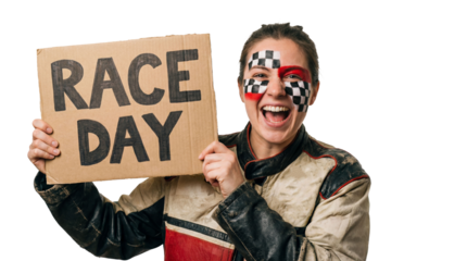 Excited woman with race day face paint holding "RACE DAY" sign on transparent background