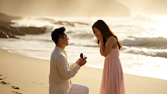 Proposing on Beach: A touching scene captures a man down on one knee presenting a ring to the woman on a picturesque beach. The moment evokes raw emotion of love and commitment.