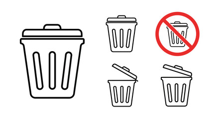Set of simple black and white trash bin icons with different styles and a no trash symbol.