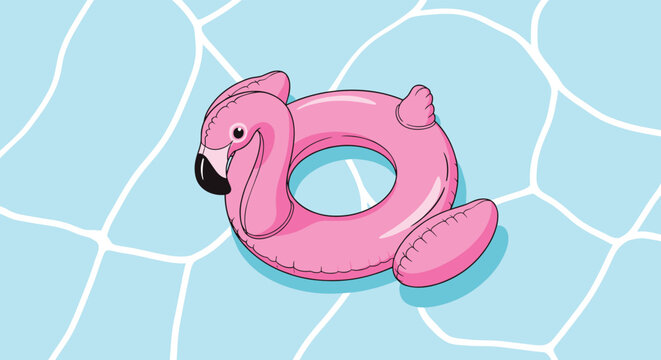 A bright pink inflatable flamingo pool float drifts on the sparkling blue water of a swimming pool, evoking a fun summer vacation vibe.
