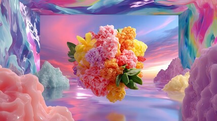 Fantasy Flowers Landscape, Colorful Abstract Art, Dreamy Design