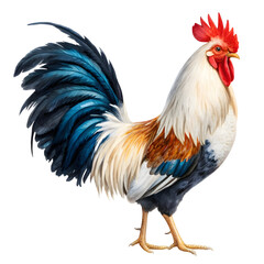 Fototapeta premium Watercolor Rooster with Blue Tail Feathers isolated on a transparent background