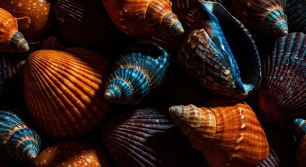 Close up of assorted seashells with intricate patterns and textures