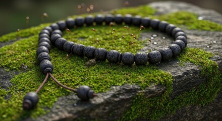 Close up of black beaded prayer beads on moss covered stone outdoors