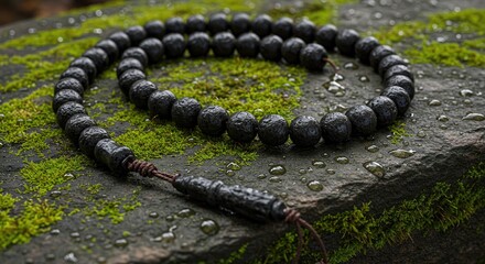 Close up of black prayer beads on a moss covered stone surface