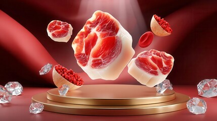 Premium Raw Meat Cuts, Red Pomegranate Seeds, Red Background