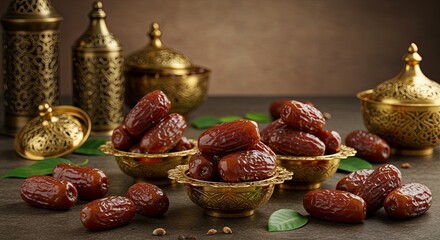 Close up of dates in ornate bowls with decorative lanterns