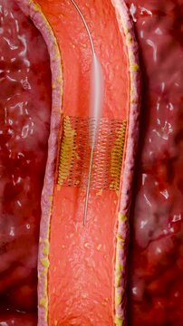 Blocked Artery, Collapsed balloon angioplasty procedure with Coronary stent in vein, blood flow circulation, vessels, cholesterol fat or atheroma blocking circulation, atherosclerosis, 3d render