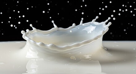 Milk splash crown formation liquid droplet black background studio shot