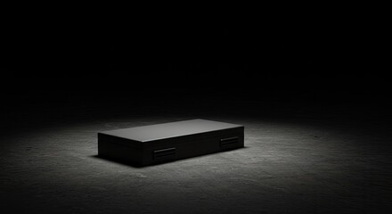 Minimalist black box on dark concrete ground with spotlighting and copy space
