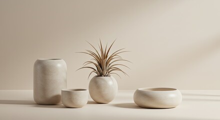 Minimalist ceramic vases and decorative plant on beige background