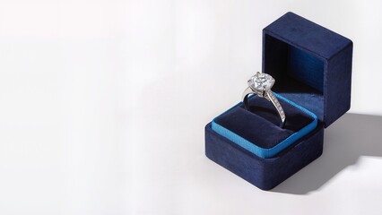 Stunning luxury diamond engagement ring with a large central stone in a premium blue velvet jewelry box on a white surface with soft shadows for marriage proposal and anniversary concepts.