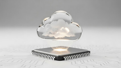 3d edge computing concept linking a powerful microprocessor chip with a transparent cloud symbol, optimizing local data processing for enhanced performance and reduced latency.