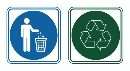 Fototapeta premium Set of environmental and waste disposal signs promoting recycling and cleanliness.