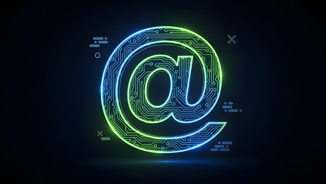Futuristic glowing arroba symbol representing digital communication and technology