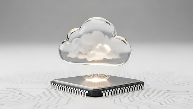 3d edge computing concept linking a powerful microprocessor chip with a transparent cloud symbol, optimizing local data processing for enhanced performance and reduced latency. - Powered by Adobe