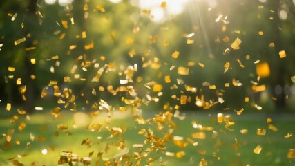 Golden confetti falling in a sunlit park, perfect for celebrations and festive events
