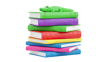 Stack of colorful books with a green alligator topper