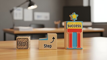 From Start to Success &ndash; Step by Step Wooden Blocks Motivation on Office Desk