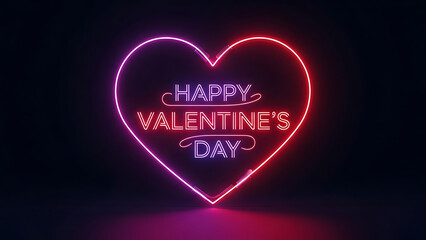 Happy valentine day text in glowing neon light heart sign on dark background for holiday celebration and romantic party decor with purple and red illumination for love theme and seasonal events