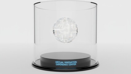 Futuristic transparent sphere levitating in glass cylinder showcasing virtual innovation