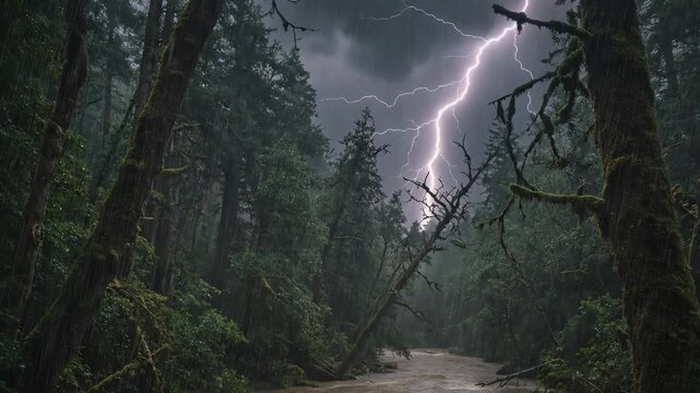 Dramatic lightning striking through a lush forest during a heavy rainstorm