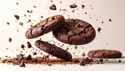 Chocolate cookies in midair with chocolate chips around. Suitable for food packaging, advertising, recipe websites, dessert blogs, and social media posts.