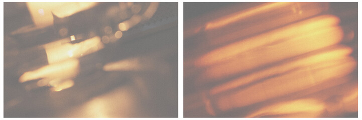 Blur light overlay. Lens flare rays. Defocused glare. Old film flash leak. Bokeh golden orange...