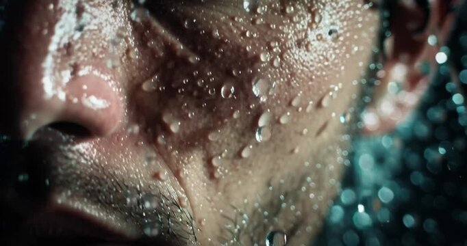Close-up of a man's face with hydration gel droplets on his skin after absorption, showcasing macro details in a transparent gel video