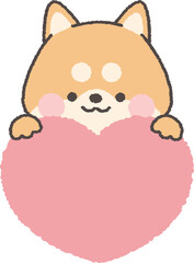 ハートの上から顔を出すサバ茶色の柴犬