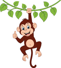 Cute cartoon monkey hanging on tree branch giving thumbs up isolated on white background for kids illustration, animal mascot, jungle theme and playful design © Golapi Expressive