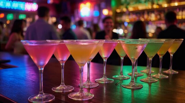 Vibrant Cocktail Drinks Displayed at a Lively Bar with Colorful Background Lights