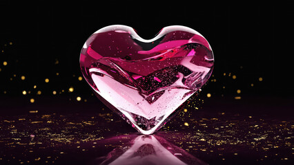 A carved heart made from translucent ruby glass stands on a surface. Golden specks create a shiny backdrop. The display presents clear details of the glass heart form