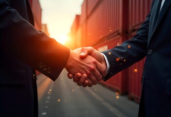 Two businessmen shake hands, sealing a transport and logistics deal. Semi-truck and cargo containers in background symbolize shipping, cooperation, trust, and successful business partnership.