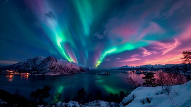 Aurora Borealis over a Norwegian fjord