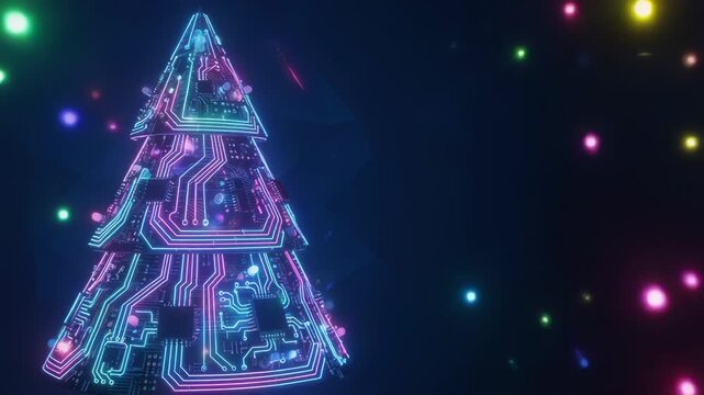 Futuristic neon Christmas tree design with circuit patterns and glowing lights