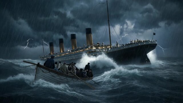 Dramatic depiction of a sinking ship in a stormy sea with lifeboats, capturing a historic maritime disaster