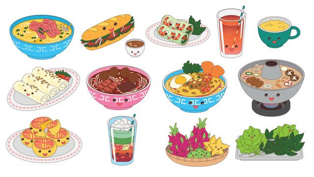 Collection of cute Vietnamese food characters including pho, banh mi, spring rolls, and hotpot, kawaii flat vector illustration of traditional Asian cuisine with happy faces