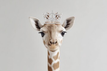 A female giraffe with a crown, gracefully accepting an award on a simple, neutral background