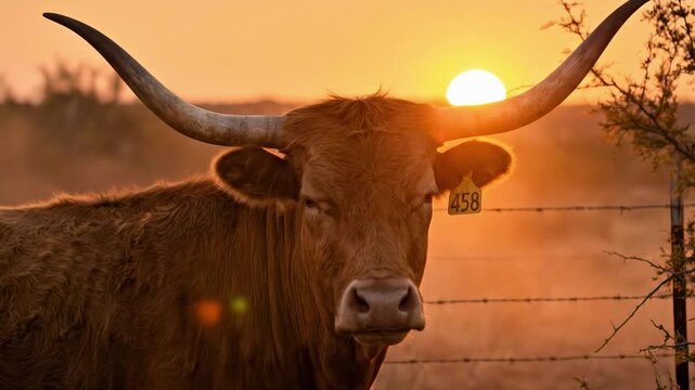 tagged cow - A majestic longhorn bull stands prominently in the foreground as the sun sets behind a dusty horizon, casting warm hues and highlighting the tranquil rural landscape