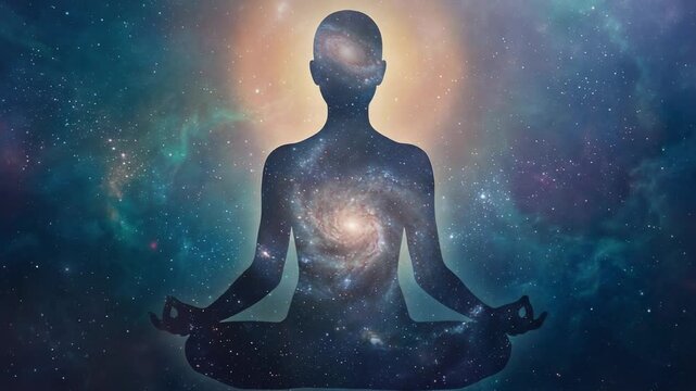 Meditative silhouette with cosmic galaxy background for mindfulness and spirituality concepts