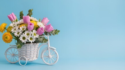 Decorative white wire bicycle planter filled with a colorful spring bouquet of pink tulips and yellow ranunculus flowers on a pastel blue background with wide horizontal copy space for greeting.