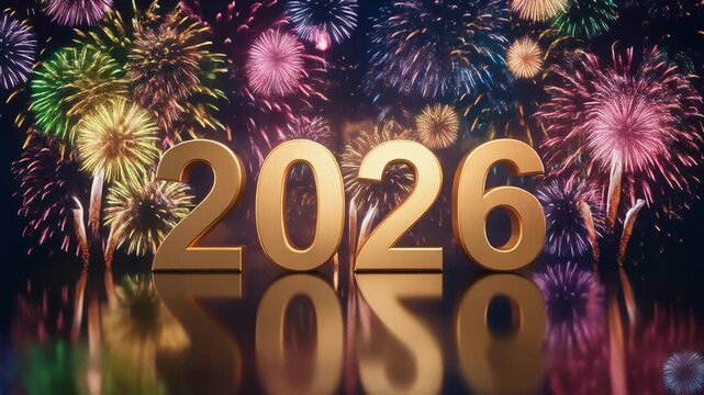 Celebratory New Year's 2026 with Golden Numbers and Colorful Fireworks Background