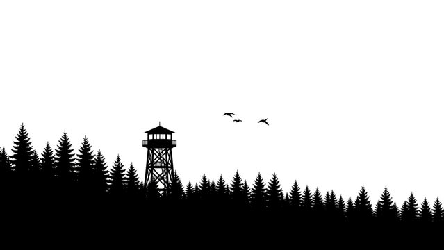 Silhouette of a fire lookout tower on a hill with pine trees.